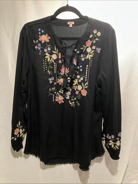 Reba Tops - Reba Black Tunic with Multicolor Floral Embroidery